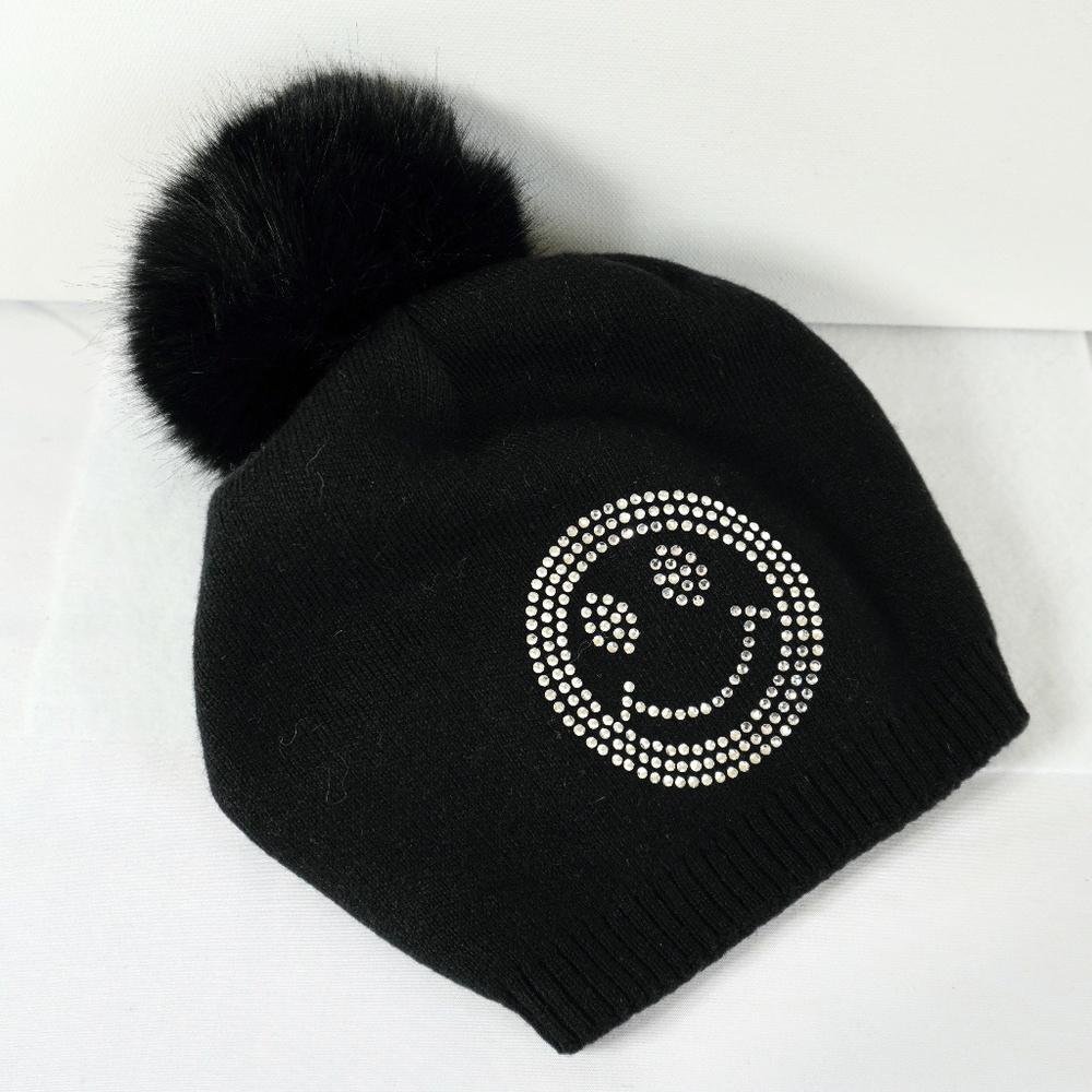 Haute Shore Rhinestone Smiley Face Wool Knit Beanie Women Kids Faux Fur …